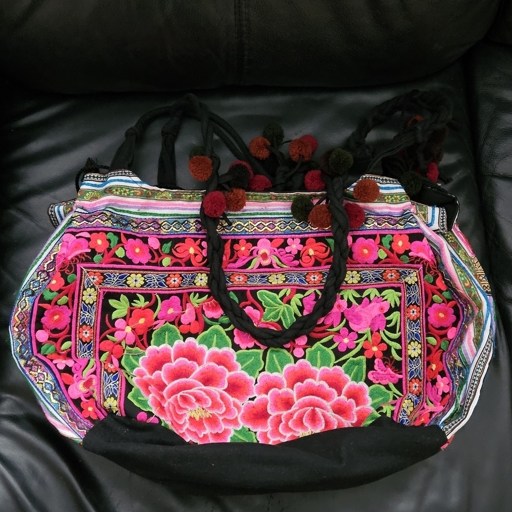 Handmade Custom Boho Floral Vibrant Embroidered Pom Pom Hobo Tote Bag Pink Black